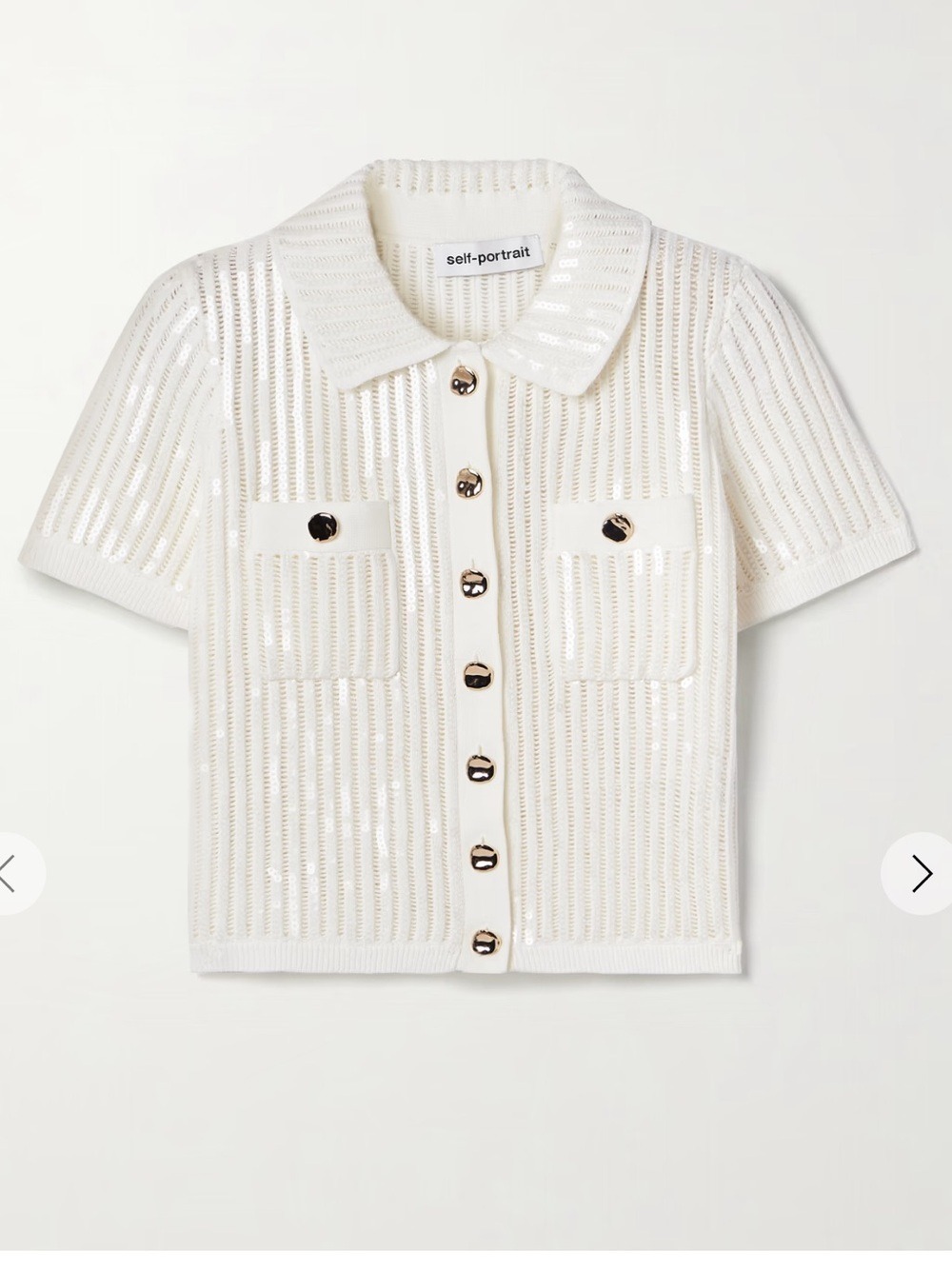 Self-Portrait White Short-Sleeve Knit Sequin Button-Down Top Size Small NWT